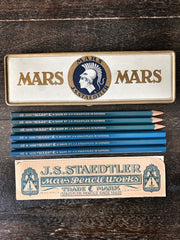 1950 MARS STAEDTLER PENCIL TIN WITH TWELVE 2H PENCILS AND ORIGINAL PAPER  INSERT - TIQUE-TOCK