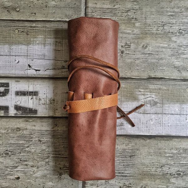 Leather Pen Roll with Flaps - 6 slots